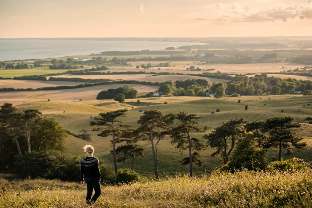 Woman standing on Møn island in Denmark, scenic coastal landscape with cliffs and sea in the background.